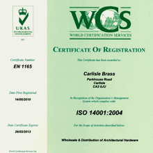 Digital door locks distributor, Carlisle Design Group, awarded the ISO 14001:2004 certification