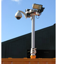 SentryBox comprises a container of some 3m cubed and a pneumatic CCTV mast mounted in the roof with camera and dome attached