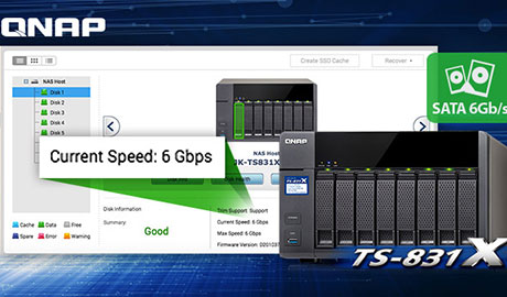 TS-831X with eight native SATA 6Gb/s ports allows users to enjoy an SSD cache with no slot position restrictions